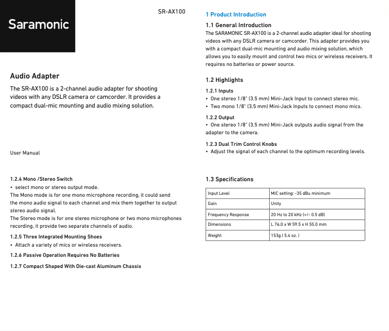 Page n°1 - Manuel utilisateur Saramonic SR-AX100