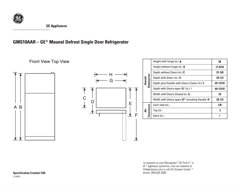 Page 1 de la notice Fiche technique GE GMS10AARRWW