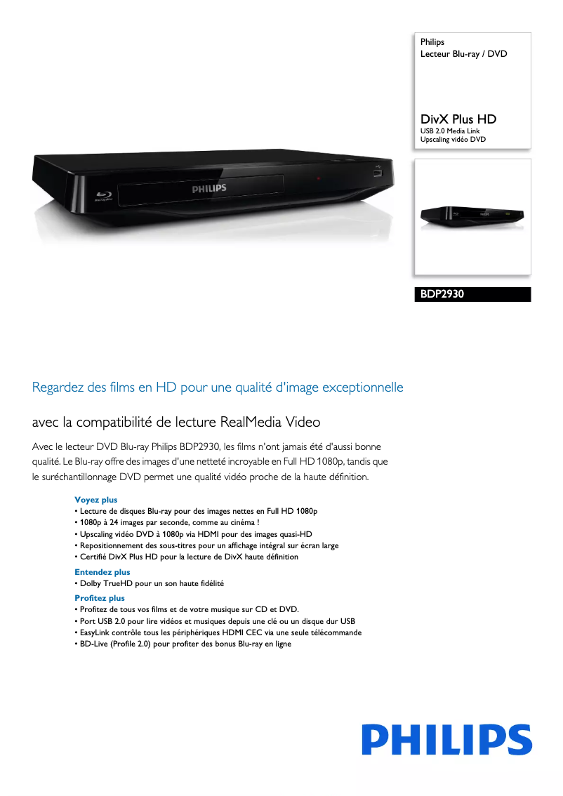 Page n°1 - Fiche technique Philips BDP2930