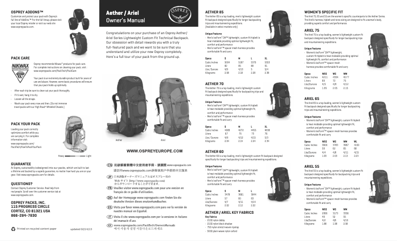 Page 1 de la notice Manuel utilisateur Osprey Aether 85