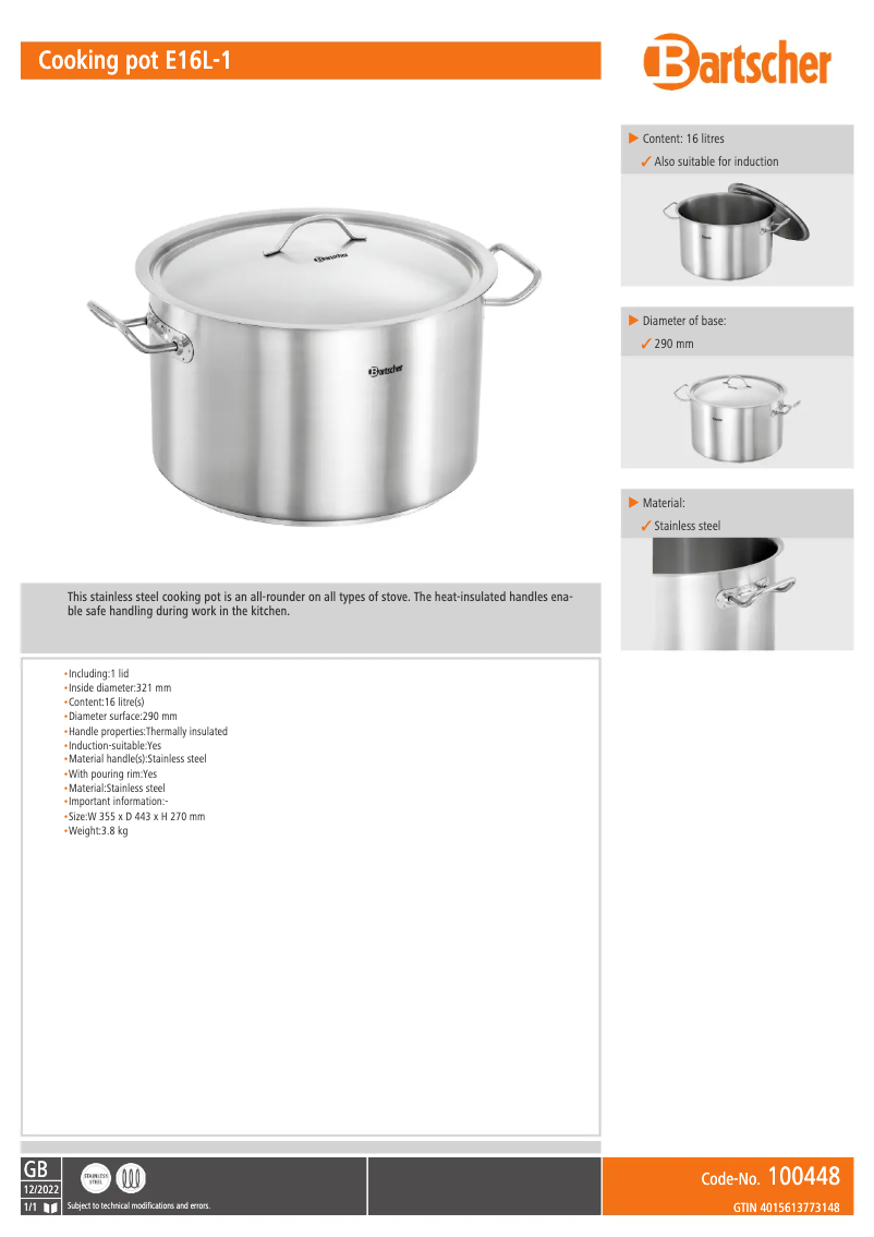 Page 1 de la notice Fiche technique Bartscher E16L-1