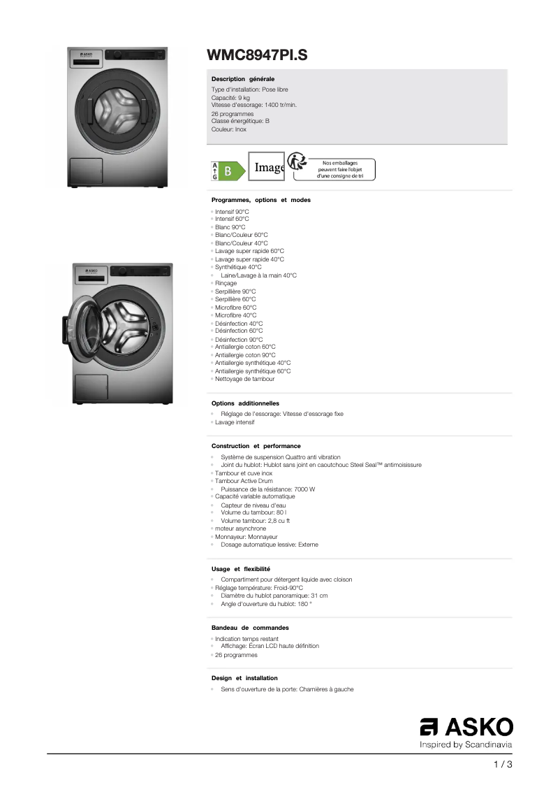 Page 1 de la notice Fiche technique Asko WMC8947PI.S