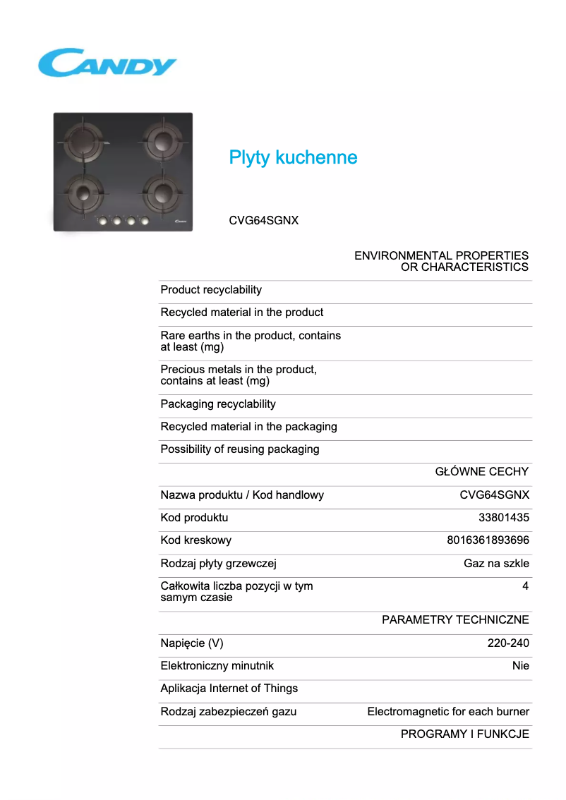 Page 1 de la notice Fiche technique Candy CVG64SGNX
