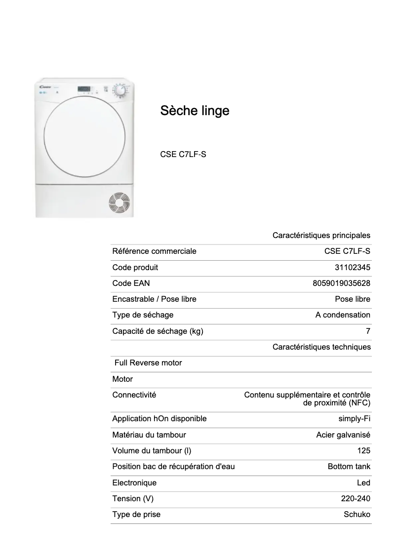 Page n°1 - Fiche technique Candy CSE C7LF-S