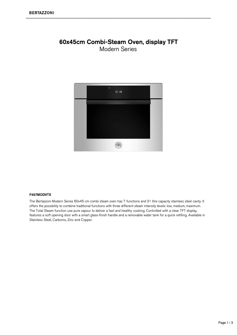 Page 1 de la notice Fiche technique Bertazzoni F457MODVTX