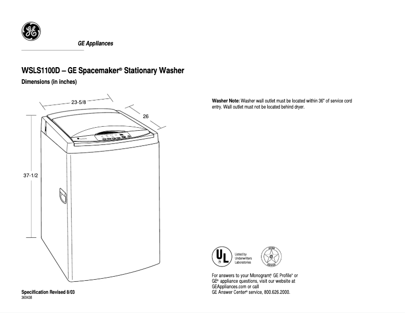 Page 1 de la notice Fiche technique GE WSLS1100DWW