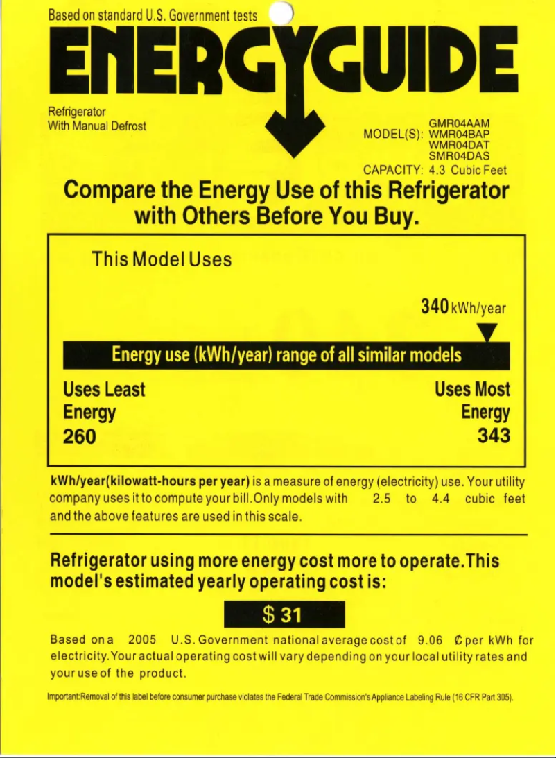 Page 1 de la notice Label énergétique GE GMR04AAMBB