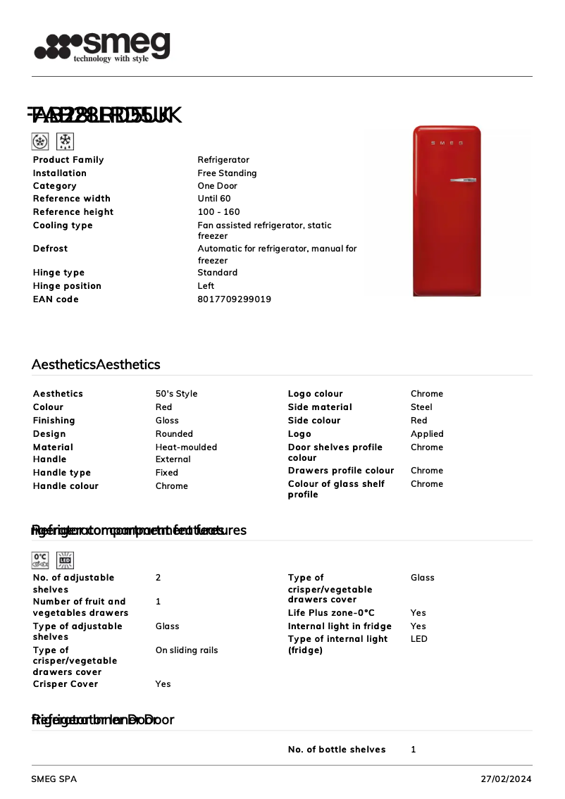Page 1 de la notice Fiche technique Smeg FAB28LRD5UK