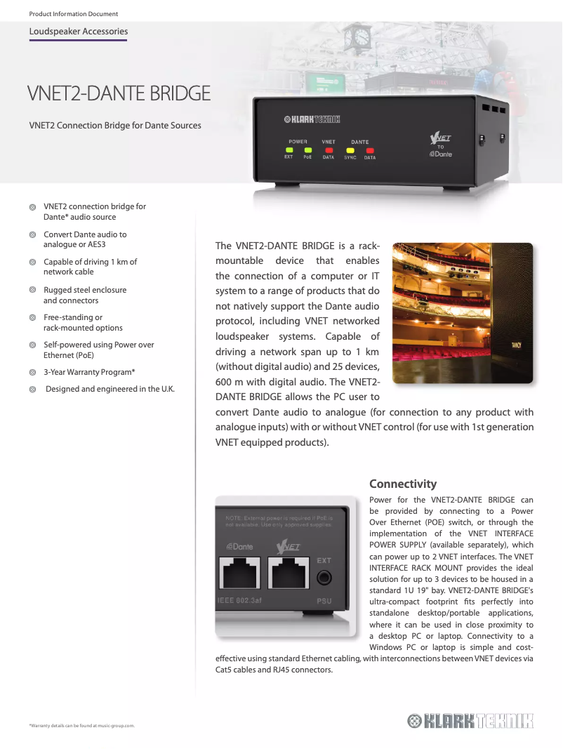 Page 1 de la notice Fiche technique Klark Teknik VNET2-DANTE Bridge