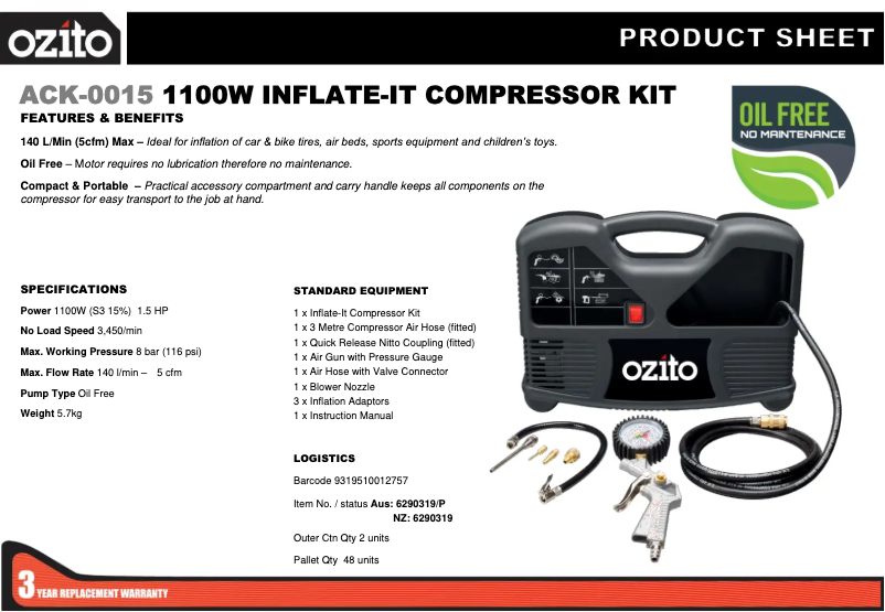 Page 1 de la notice Fiche technique Ozito ACK-0015