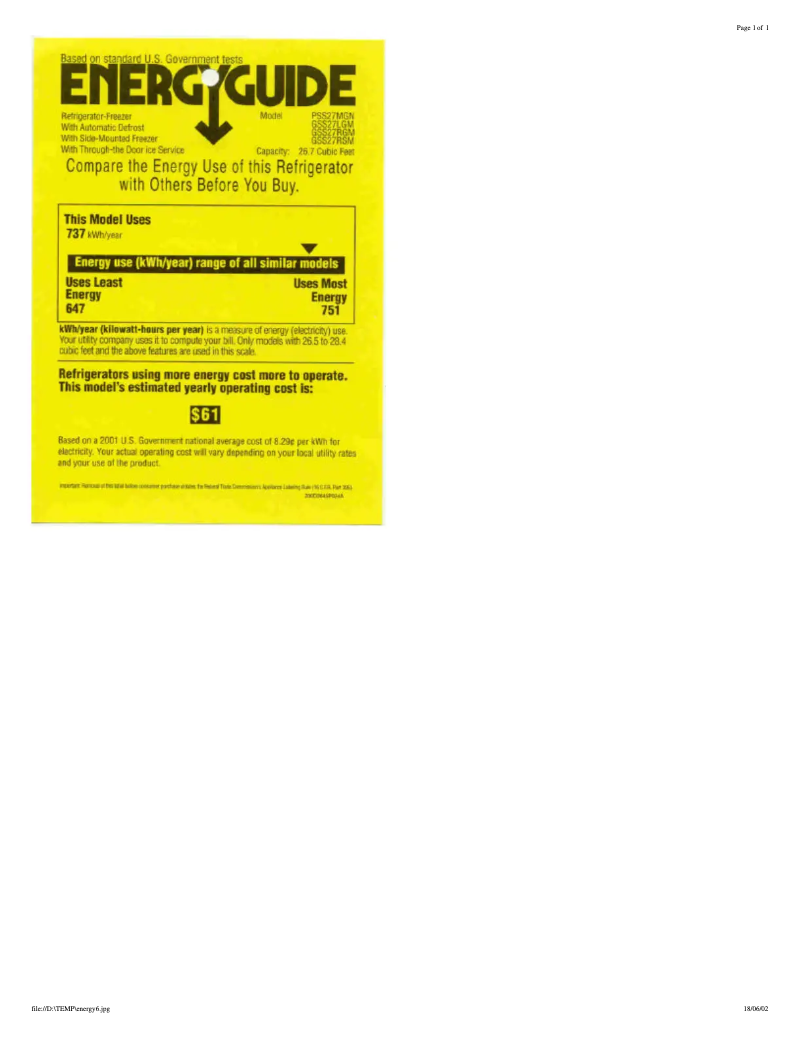 Page 1 de la notice Label énergétique GE Profile Arctica PSS27MGNWW