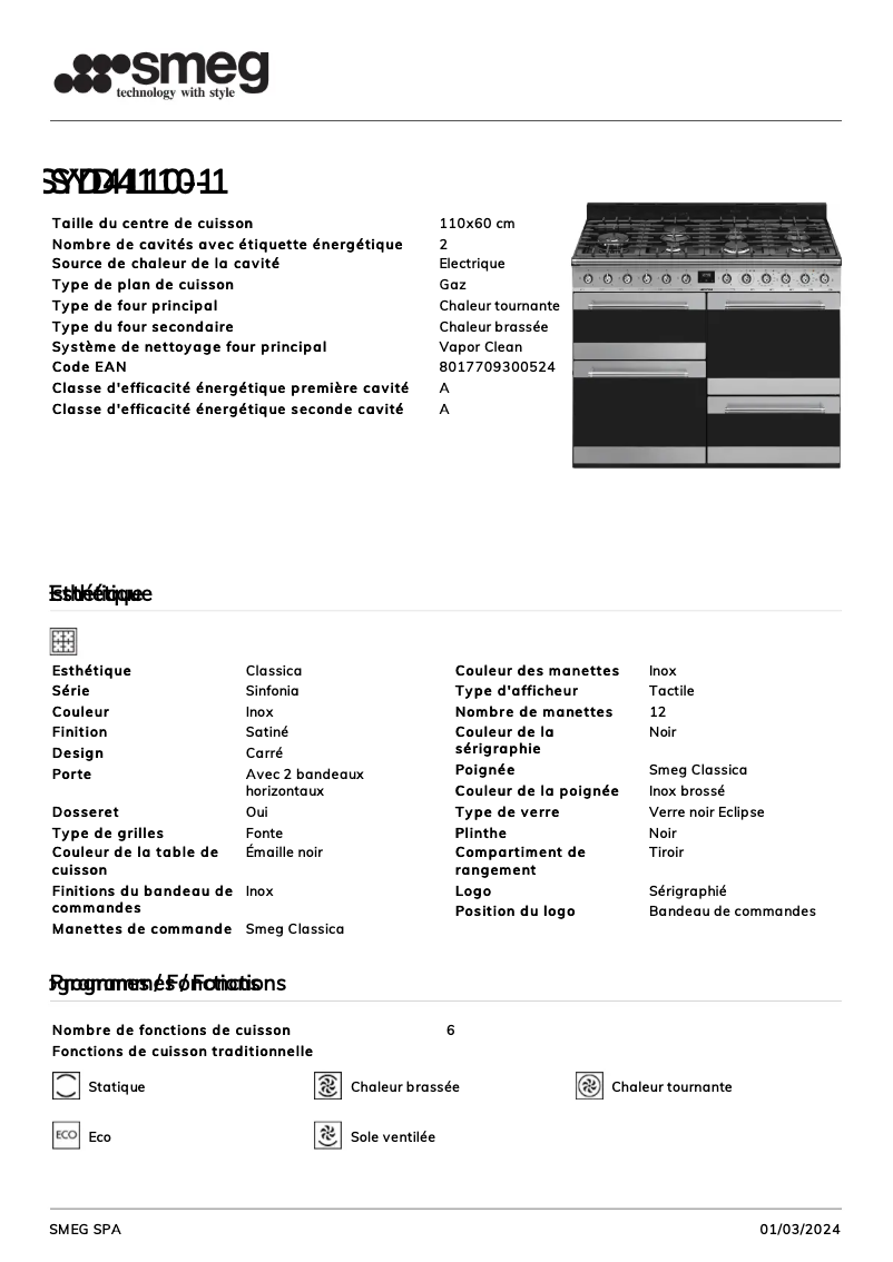 Page 1 de la notice Fiche technique Smeg SYD4110-1