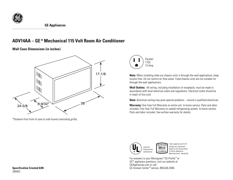 Page 1 de la notice Fiche technique GE AGV14AA