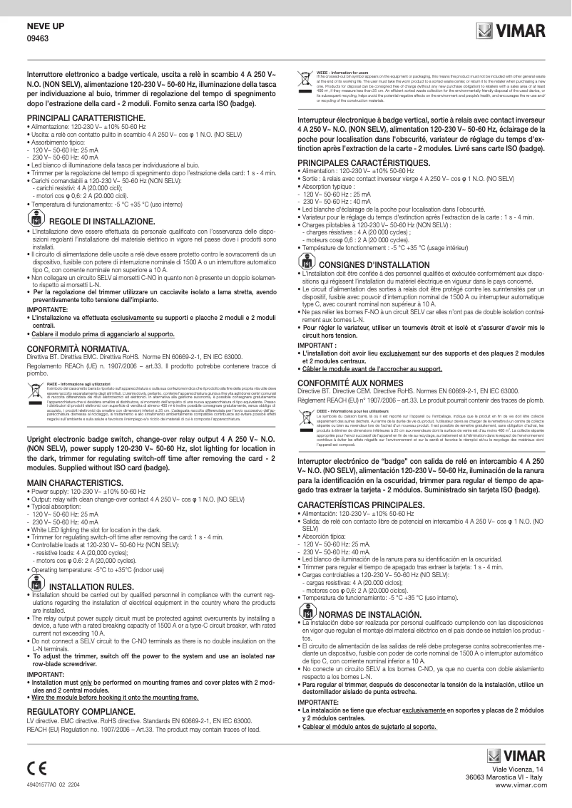 Page 1 de la notice Manuel utilisateur Vimar 09463