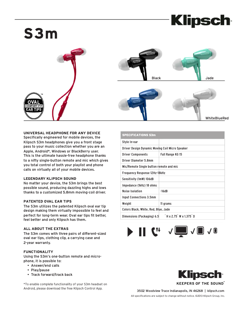 Page 1 de la notice Fiche technique Klipsch S3m