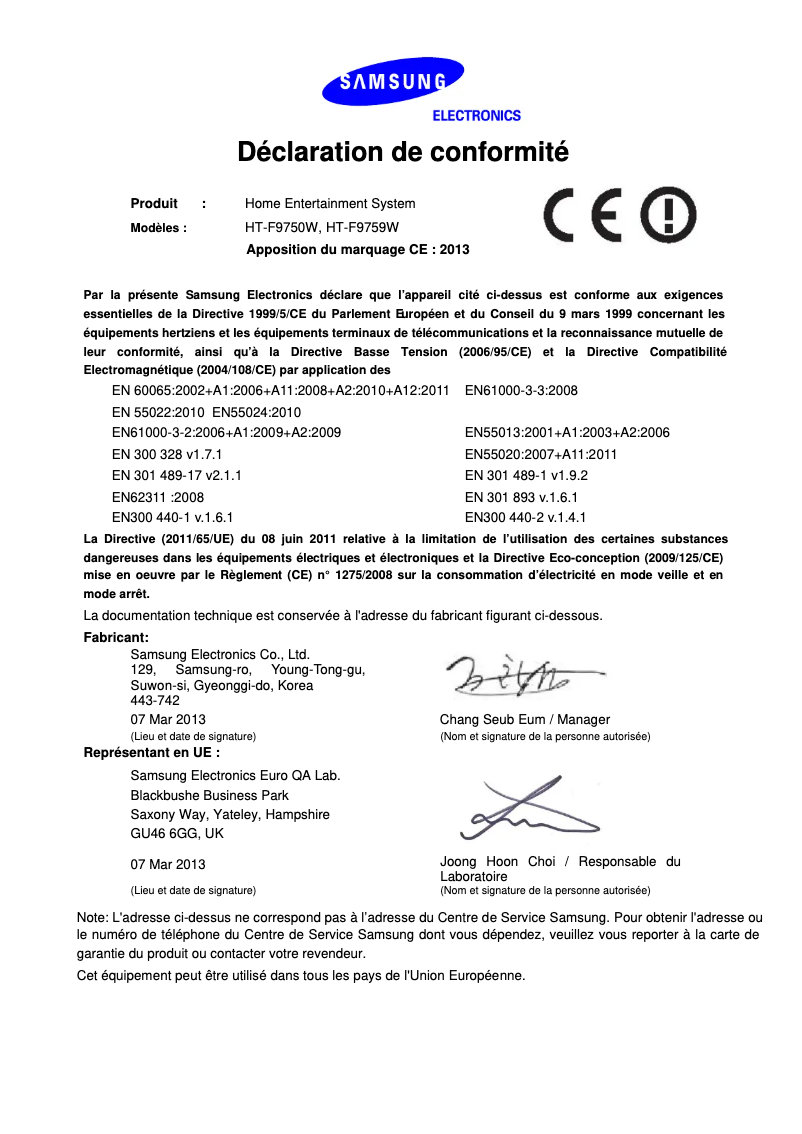 Page 1 de la notice Manuel utilisateur Samsung HT-F9759W