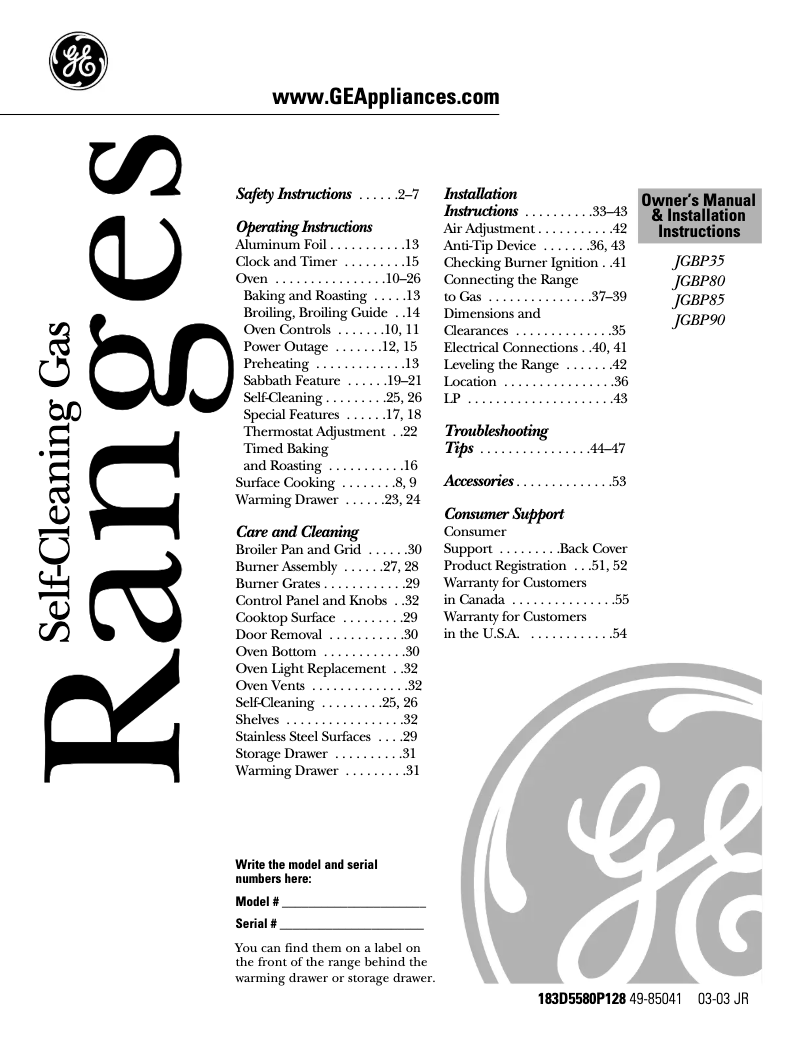 Page n°1 - Manuel utilisateur GE JGBP35DEDWW