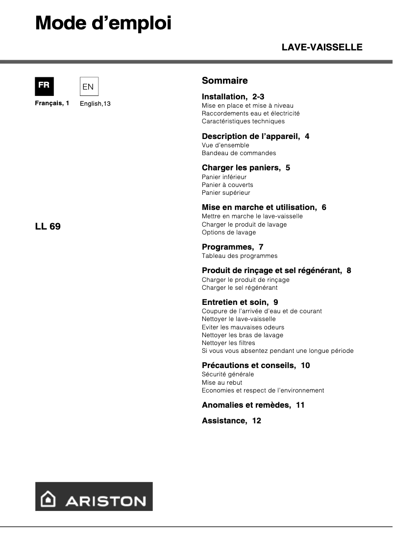 Page 1 de la notice Manuel utilisateur Hotpoint Ariston LL 69 A FR