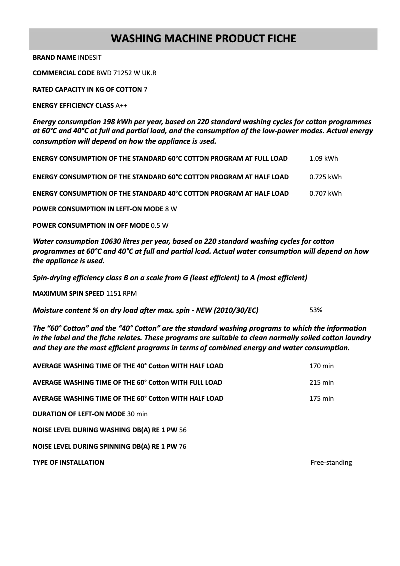 Page n°1 - Fiche technique Indesit BWD 71252 W UK.R