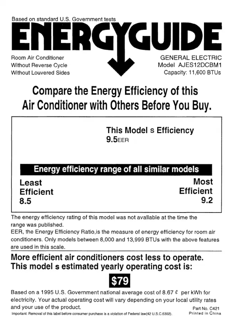 Page n°1 - Label énergétique GE AJES12DCB
