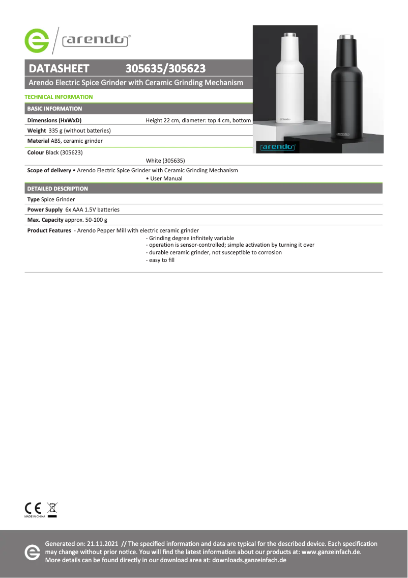 Page 1 de la notice Fiche technique Arendo 306646