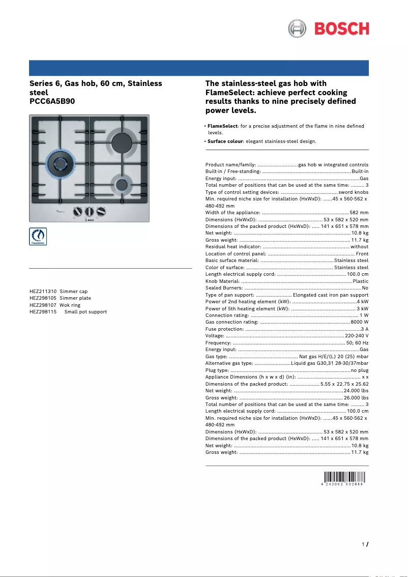 Página 1 del manual Ficha técnica Bosch PCC6A5B90