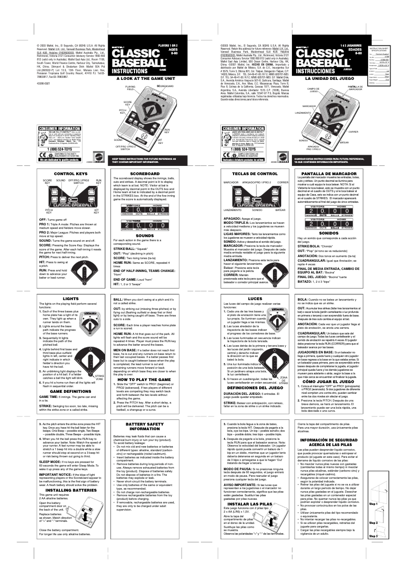 Page 1 de la notice Manuel utilisateur Mattel Classic BASEBALL Game