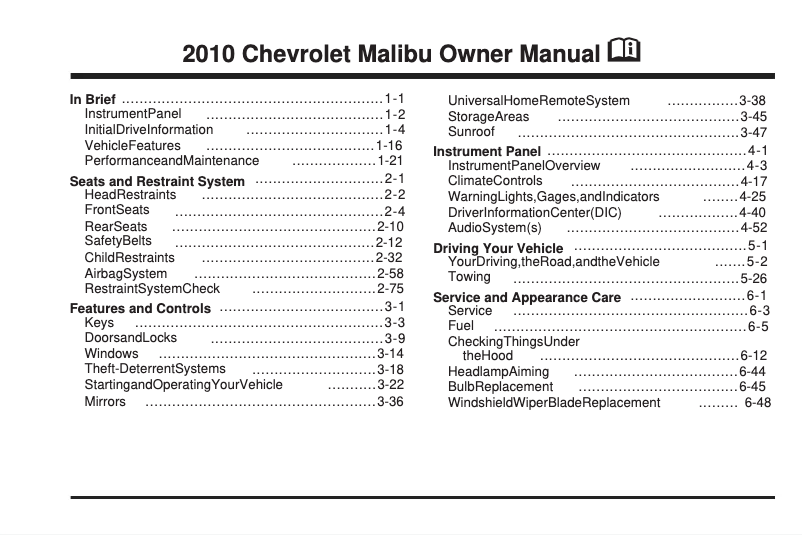 Página 1 del manual Manual de usuario Chevrolet Malibu (2010)