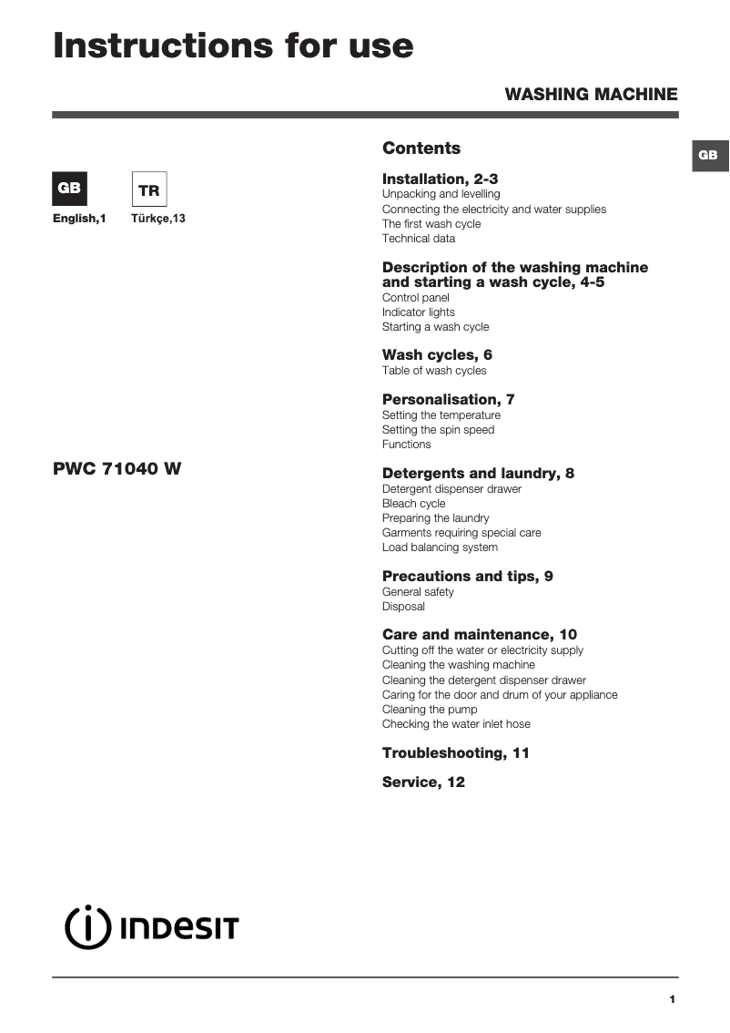 Image de la première page du manuel de l'appareil PWC 71040 W