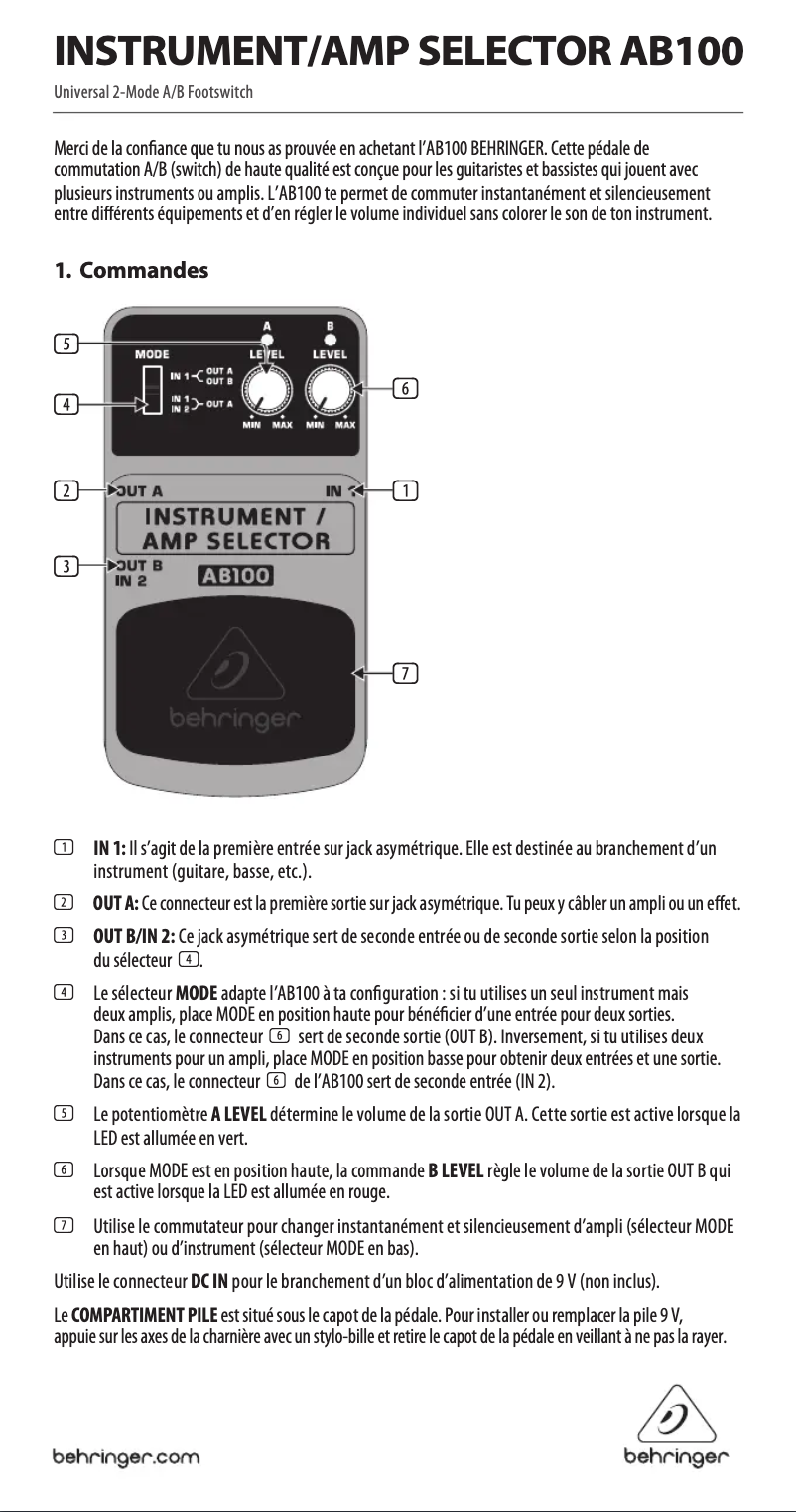 Page n°1 - Manuel utilisateur Behringer Instrument/AMP Selector AB100