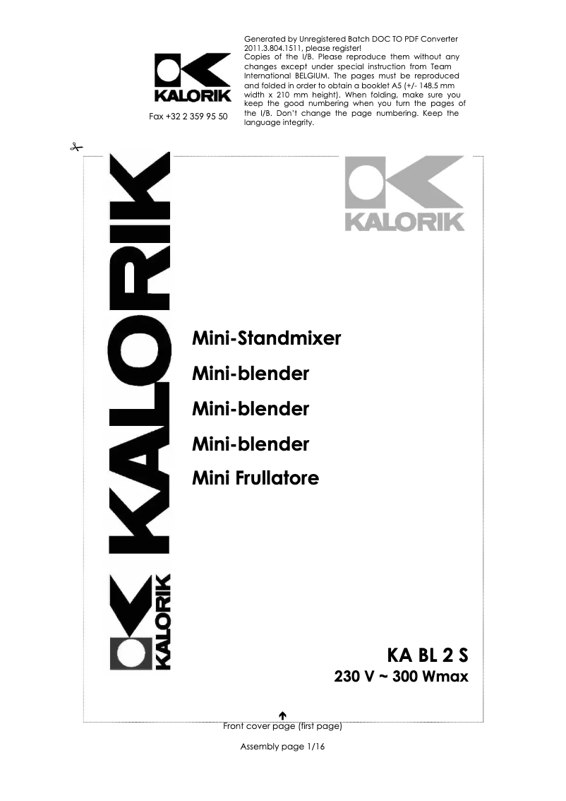 Page n°1 - Manuel utilisateur Kalorik KA BL 2 S