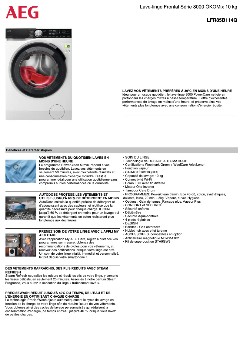 Page n°1 - Fiche technique AEG LFR85B114Q