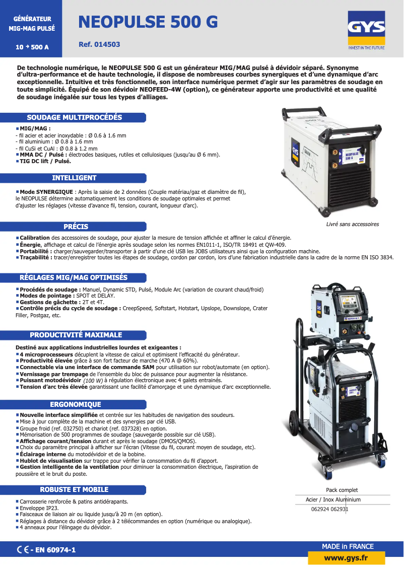 Page 1 de la notice Fiche technique GYS Neopulse 500 G