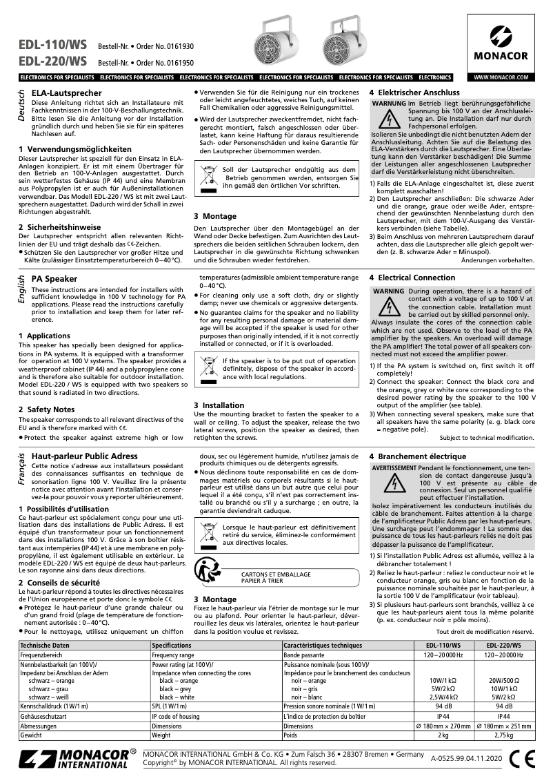 Page 1 de la notice Manuel utilisateur Monacor EDL-110/WS