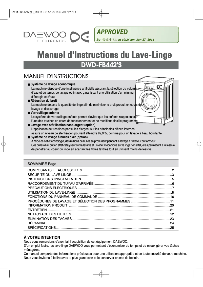 Page 1 de la notice Manuel utilisateur Daewoo DWD-FB4423E