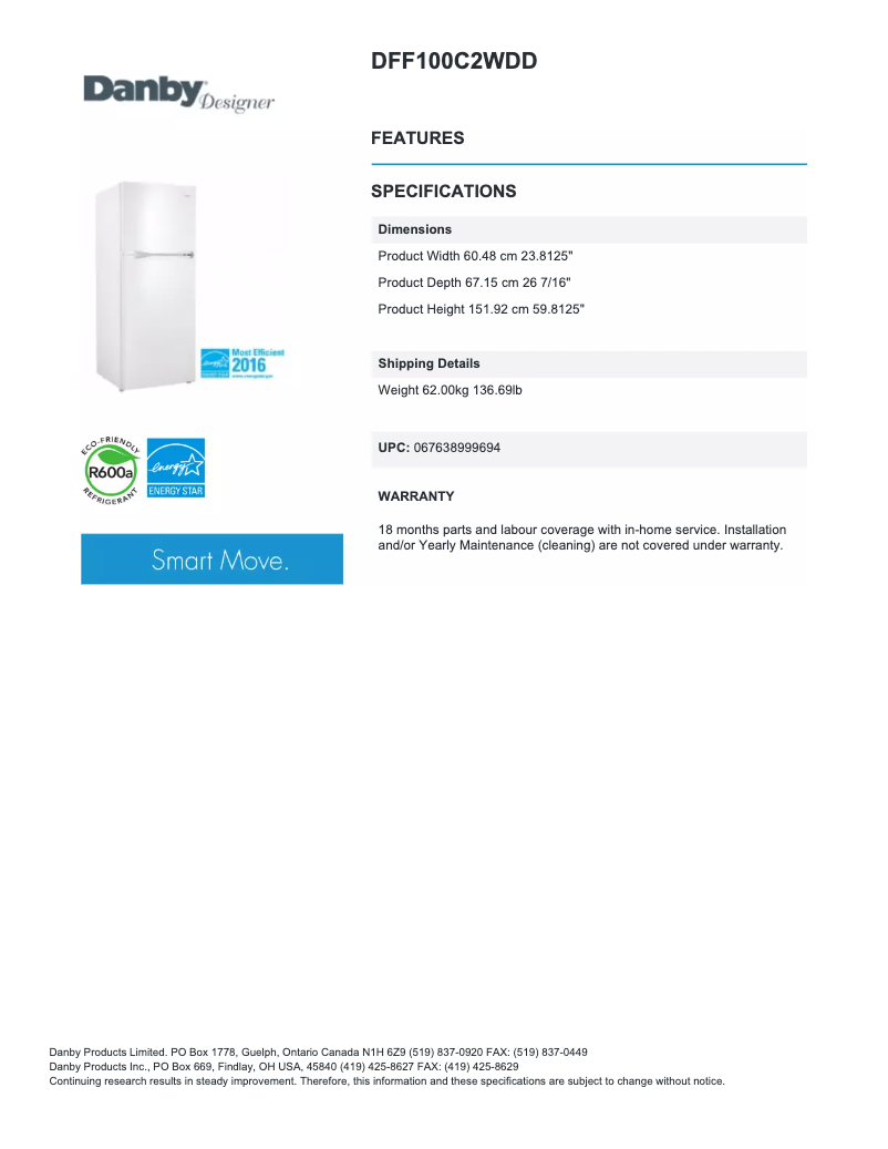 Page 1 de la notice Fiche technique Danby DFF100C2
