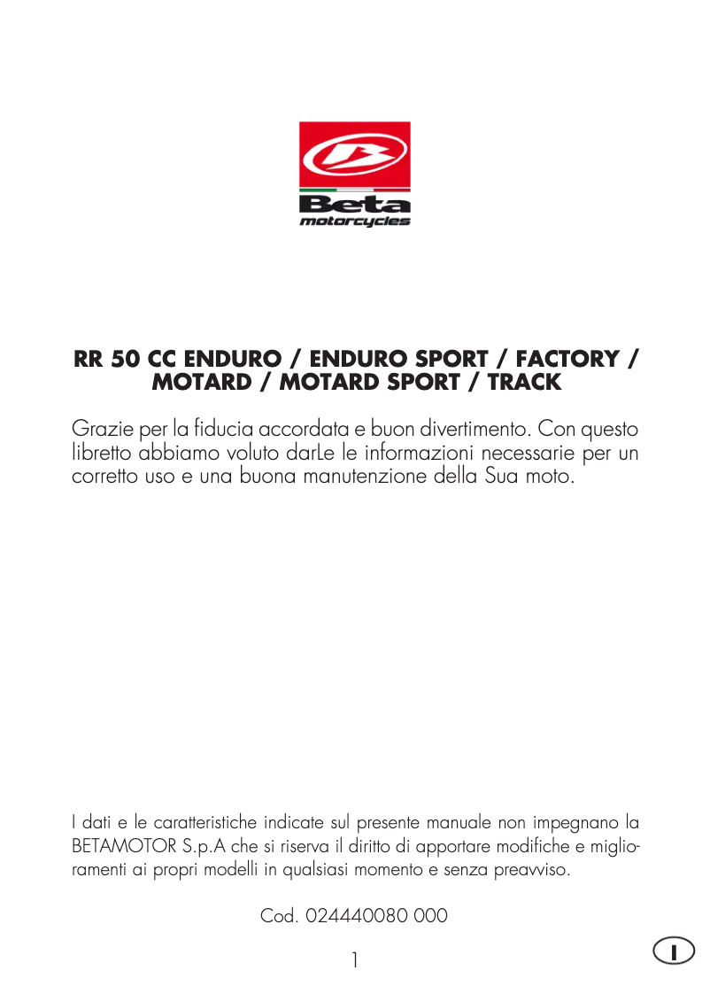 Page 1 de la notice Manuel utilisateur Beta RR 50 (2016)