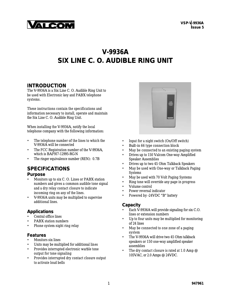 Page n°1 - Manuel utilisateur Valcom V-9936A