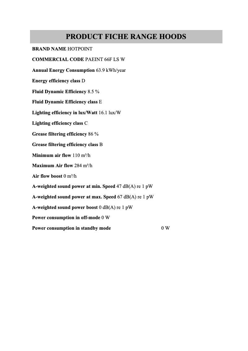 Page n°1 - Fiche technique Hotpoint PAEINT 66F LS W