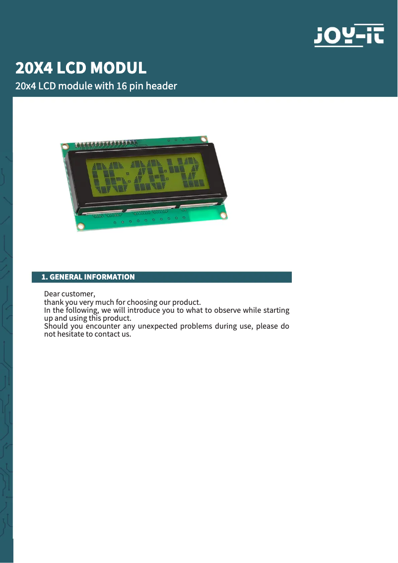 Page n°1 - Manuel utilisateur Joy-It COM-LCD20x4