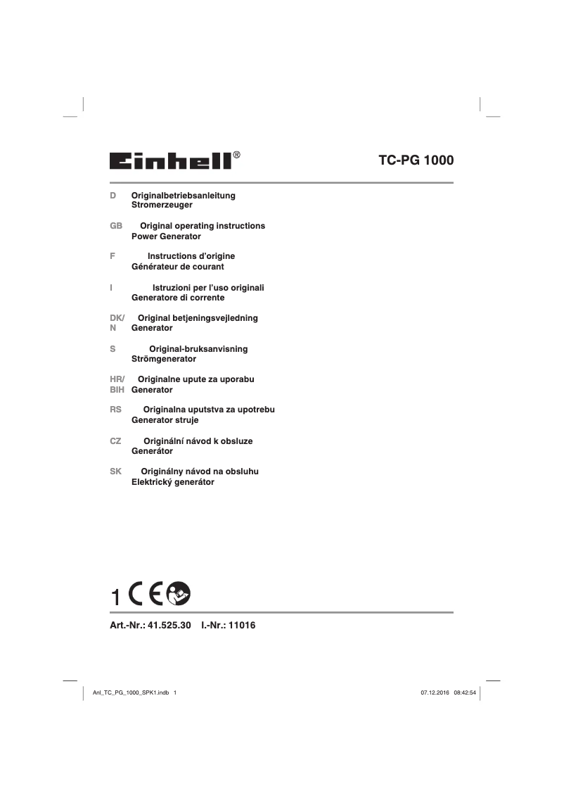 Page 1 de la notice Manuel utilisateur Einhell TC-PG 1000