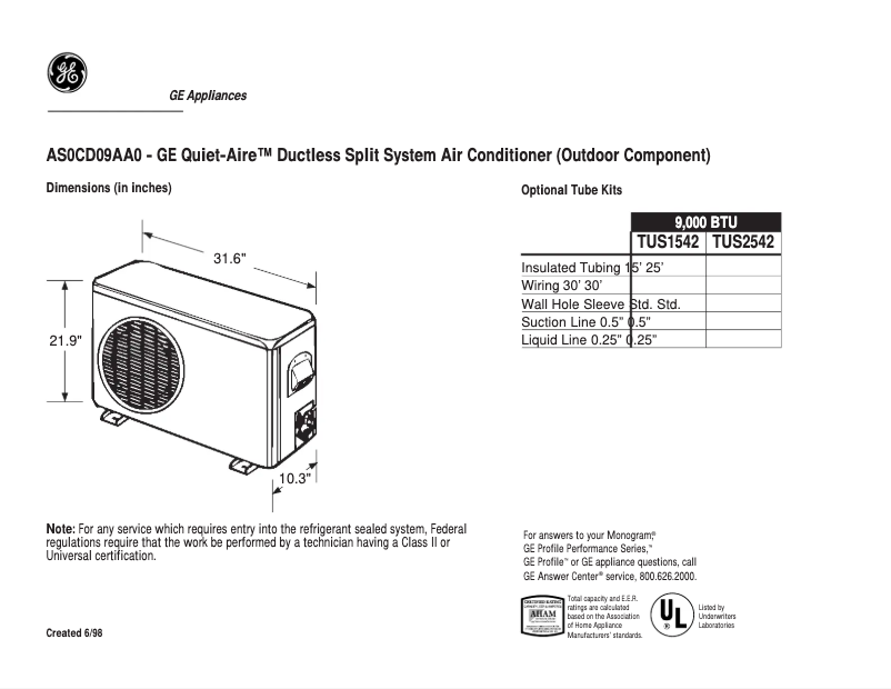 Page 1 of the manual Technical Sheet GE Quiet-Aire AS0CD09AA0