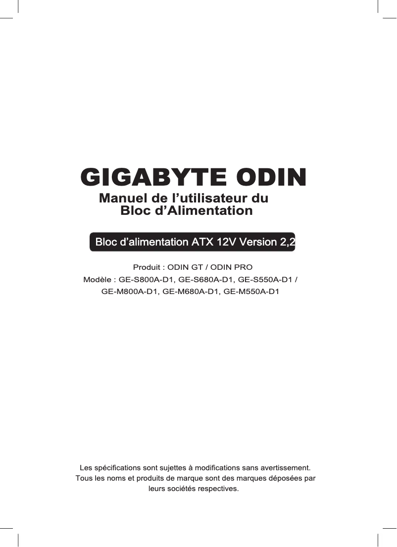 Page 1 de la notice Manuel utilisateur Gigabyte ODIN Pro 800W
