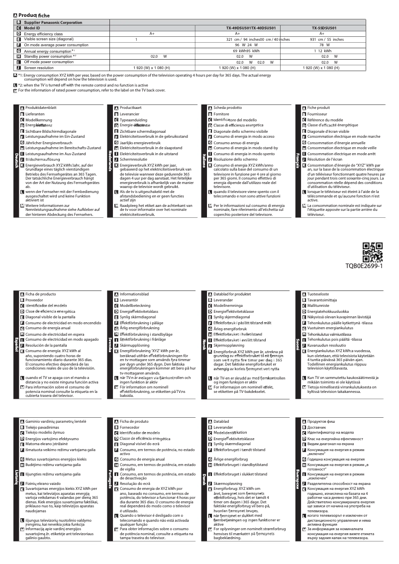 Page 1 de la notice Fiche technique Panasonic TX-49DSU501