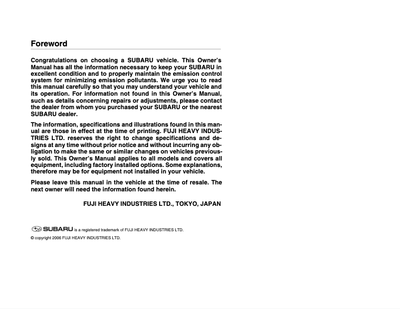 Imagen de la primera página del manual del dispositivo Forester (2007)