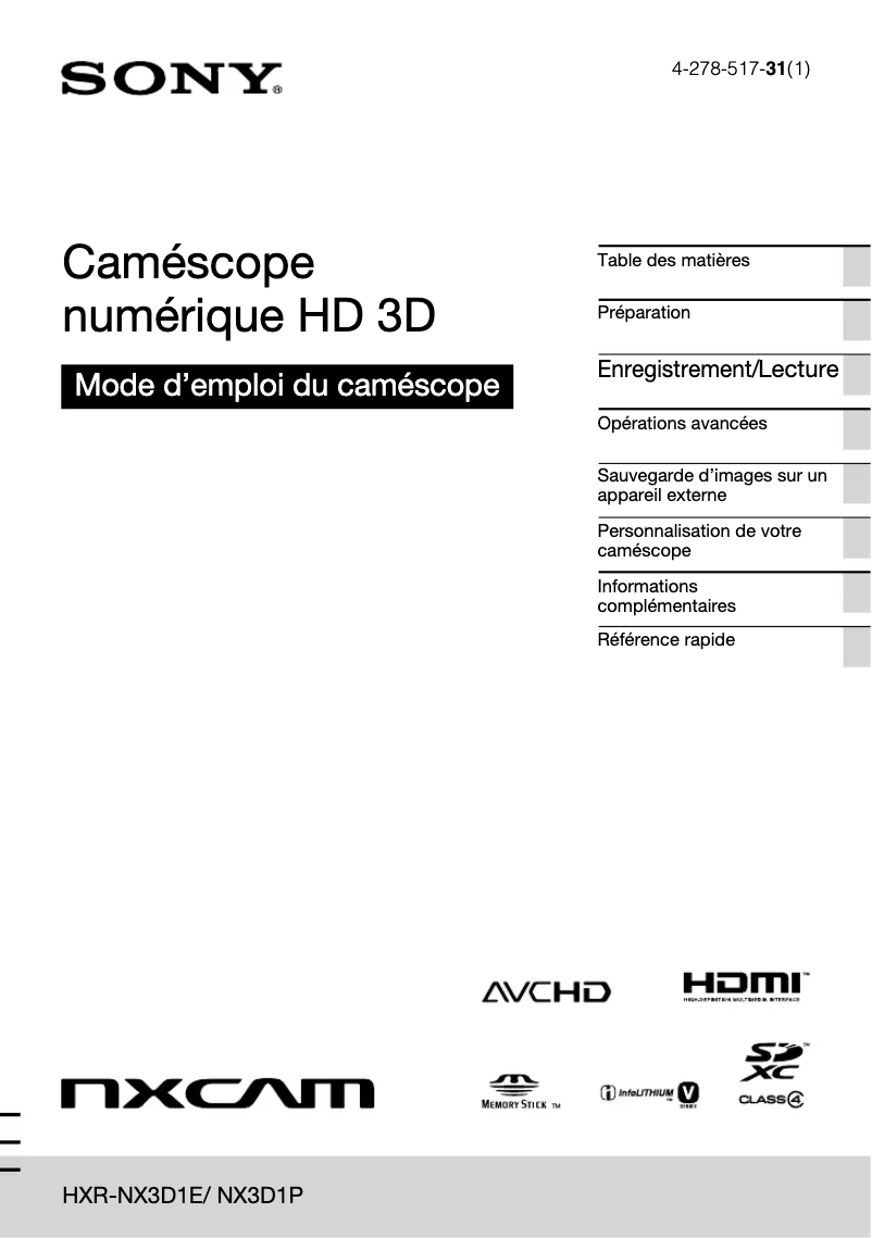 Image de la première page du manuel de l'appareil HXR-NX3D1E