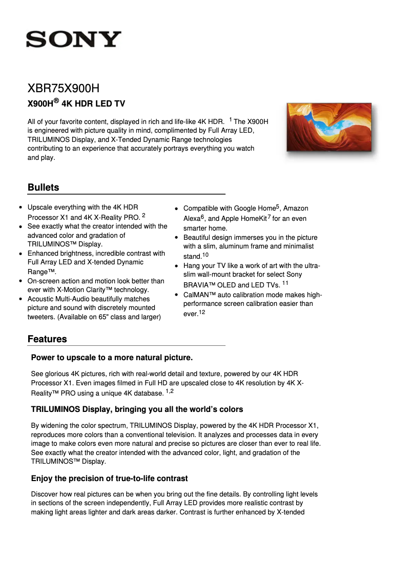 Page 1 de la notice Fiche technique Sony Bravia XBR-75X900H