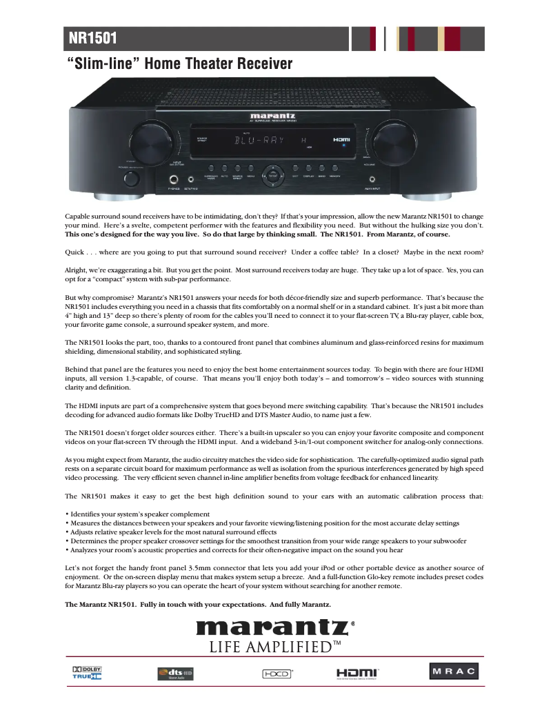 Página 1 del manual Ficha técnica Marantz NR1501