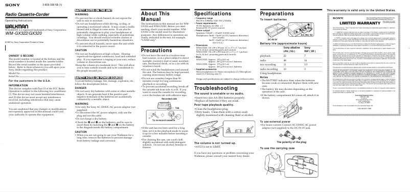 Image de la première page du manuel de l'appareil Walkman WM-GX320