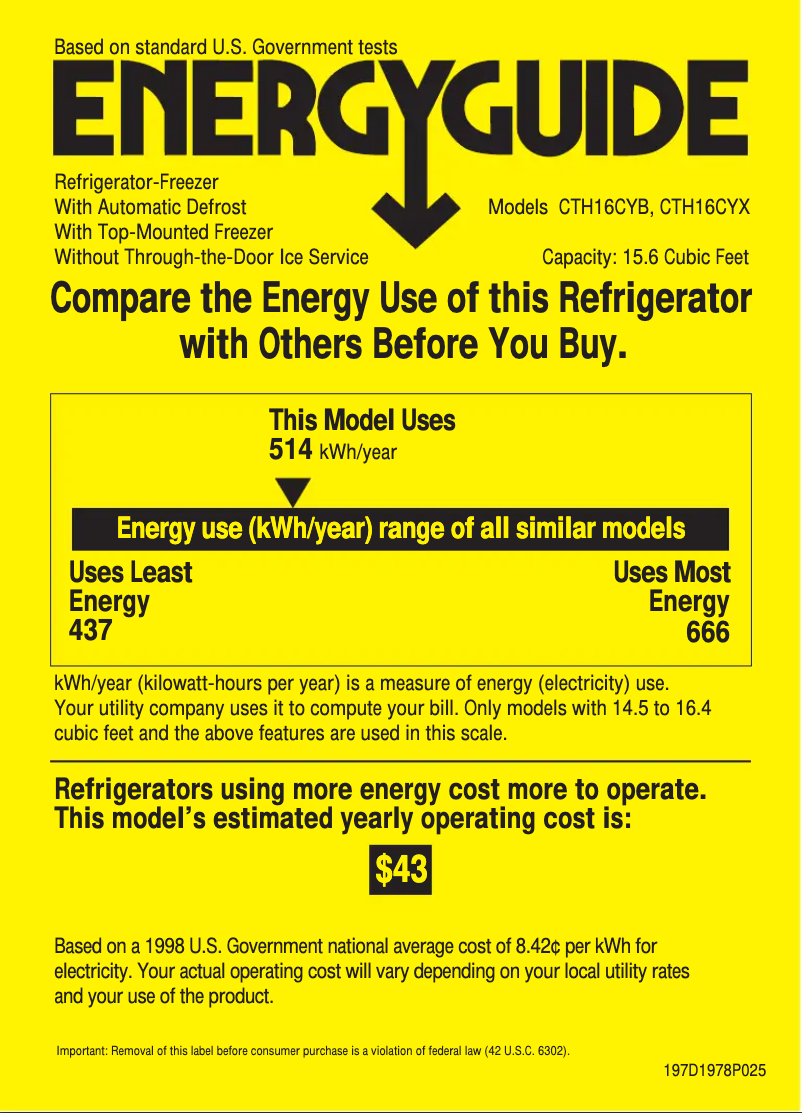 Page n°1 - Label énergétique Hotpoint CTH16CYBRWW
